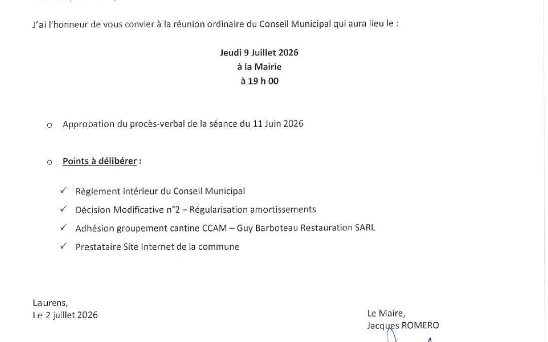 Ordre du jour Conseil Municipal Jeudi 9 Juillet 2026